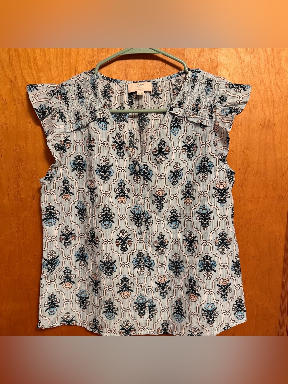 LOFT Blue and White Floral Cap-Sleeve Blouse